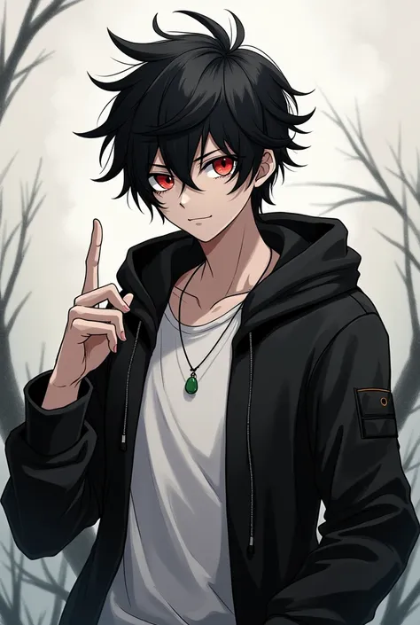 anime boy in a black jacket and white shirt with a black hair, an anime drawing inspired by Okumura Togyu, trending on pixiv, shin hanga, kaneki ken, tall anime guy with red eyes, as an anime character, ken kaneki, with index finger , young anime man, mob ...