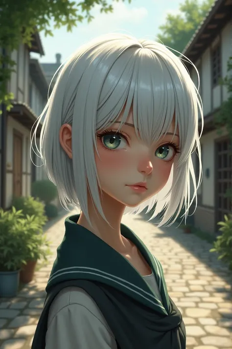 A small town where there is a girl with white hair and a deep look 