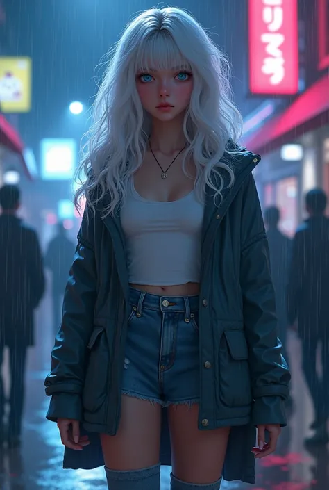 Girl with umbrella, Leanne Claire, Neon palette, Full body, Girls front, Long white hair, Curly hair, Air bangs, Beautifully detailed hair, Beautiful face, Intricate details, Beautiful and delicate eyes, Flat chest, Zettai ryoiki, Blue eyes, Hooded coat, J...