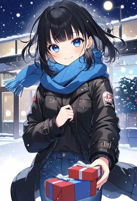  1 girl, smile,  look at the sole, bangs,  black hair,  chest,  black leather jacket, illustration, anime風, anime, Mannerism, 日本の illustrationスタイル, jeans，night,All,winter,Blue scarf, its snowing,turn around, and I have a present, blue eyes 