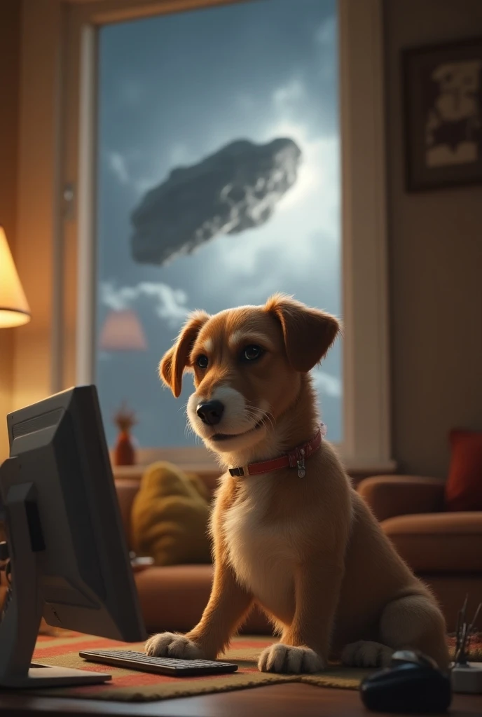 There is a dog playing with a computer and I have that a meteorite is about to fall in his house the dog is very worried and scared