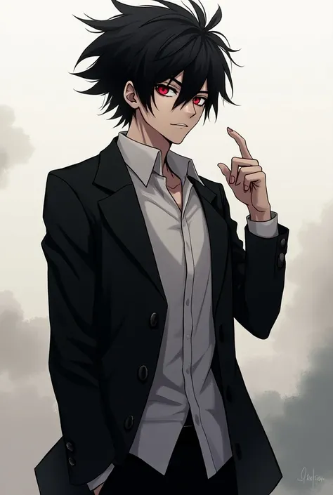 anime boy in a black jacket and white shirt with a black hair, an anime drawing inspired by Okumura Togyu, trending on pixiv, shin hanga, kaneki ken, tall anime guy with red eyes, as an anime character, ken kaneki, with index finger , young anime man, mob ...