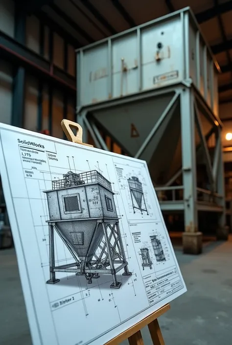 a Solidworks design plan next to a grain recovery hopper