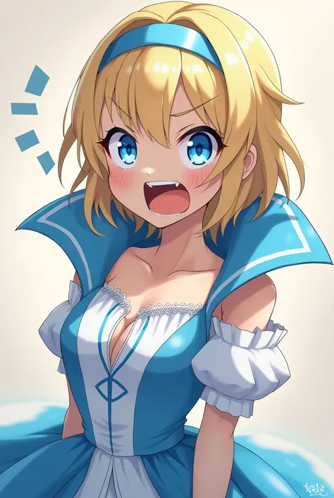 Angry Yelling Cute Blonde Anime Princess Maria Robtink with blue eyes wearing a blue headband and wearing a Blue Dress with a Massive Popped Collar taller than her head