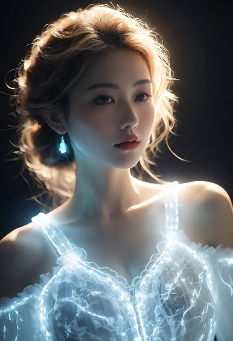 ((jewel_light element)), (Translucent luminous body_wearing a white frilly blouse), (girl made of light: 1.2, Long wavy hairstyle with delicate features and light), (minimalism: 0.5), (Frontal close-up angle above the waist: 1.3), 4K, HDR, acid graphics, f...