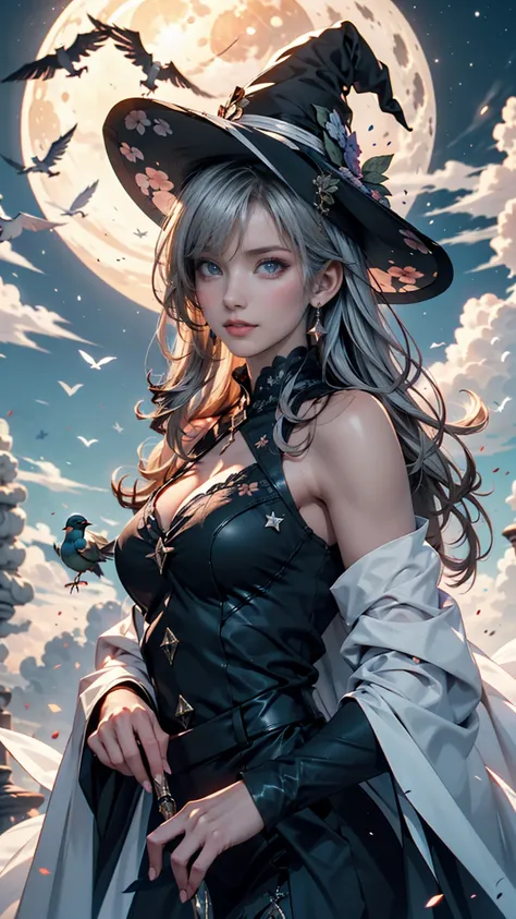  best quality,  several people having fun with each other while having very detailed , masterpiece, Super detailed, cloud, witch_ have ,  have ,  1 girl, null, green_null,day, length_hair, cloudy_null, moon,bird, Alone, Silver_hair, witch, Outdoor 