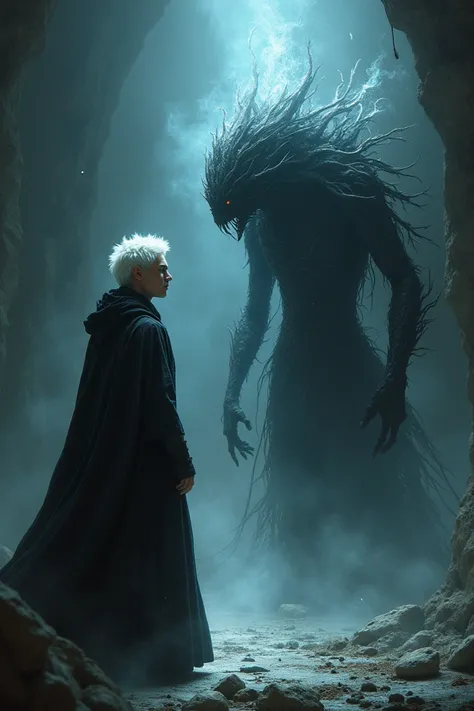 A white-haired young man and a creature of chaos and darkness watching each other