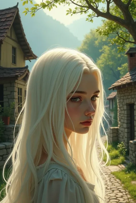 A small town where there is a girl with long white hair and deep eyes who is 