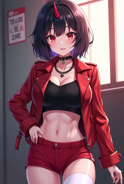  anime character : 
Name: Aoi Kuroba 
Sex :  Female 
Appearance :  short dark hair ,  bright red eyes , skin white as snow, big and beautiful body, skinny with curves,  perfect silhouette , Little horn in the middle of her forehead .  She wears a red leath...