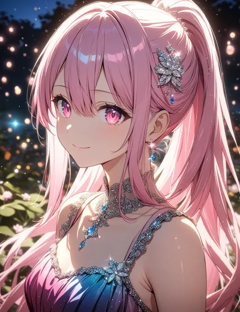 1girl, solo, Pink Shine Bright Hair, hair between eyes, Long hair, ponytail, (Pink shiny Bright Eyes),  Mesmerise, Little smile, closed mouth, (pale cheeks), (cowboy shot, half body), BREAK
(gradient dress), BREAK
outdoors, garden, evening, lights, Glitter...