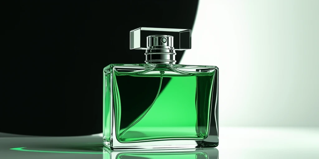  Fashion lady left-sided and transparent Parfum Bottle with green liquid inside right-sided on black and white gradient background 