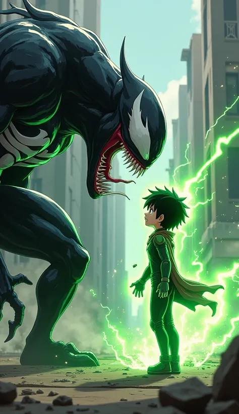 An ultra-realistic scene showing Venom and Deku (Izuku Midoriya) facing each other in an electrifying standoff. Venom looms tall with his black, sinewy symbiote body glistening under the light, sharp teeth bared in a menacing snarl, and white, alien-like e...