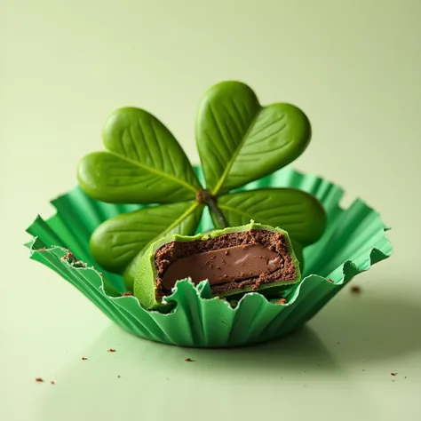 4-leaf clover with green paper wrapper and torn with a chocolate bite on one of the leaves