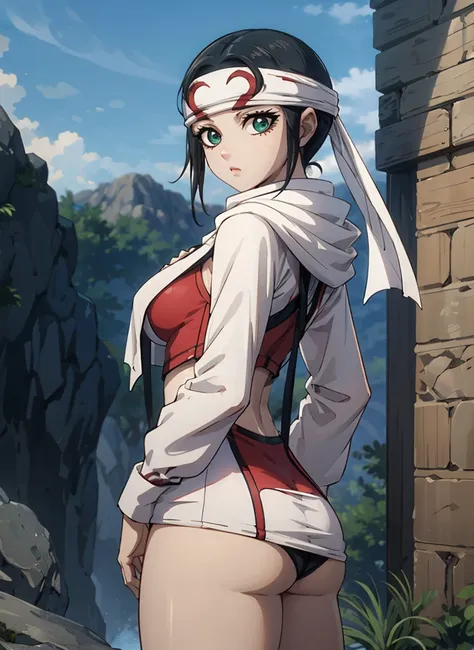 masterpiece,  best quality,  1 girl,  black hair,  ponytails, green eyes,  Headband, scarf、Tight clothes 、Busty women ,  cowboy shooting、  standing , Alone,  staring at viewers ,  blue sky, Wild Background、Torn clothes, unfortunate、 beautiful girl with bea...