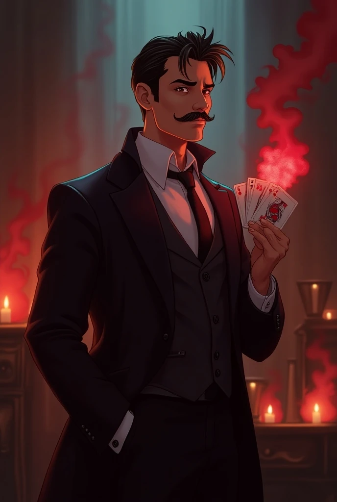 cartoon style handsome disney villain boy of twenty years old  with vigote dressed like a mafia boss from the 20s sly look and evil smile holds in his hands a deck of poker cards of hearts from which magical red smoke emerges that spreads through the room ...