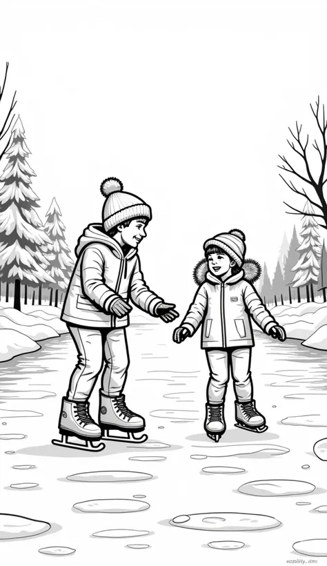 A coloring page featuring Ice Skating and Snowball Fights: Illustrations of families or s enjoying winter activities, like skating on frozen lakes or having a snowball fight. The subject should be stylized with fine outlines and no shading at all, in line ...