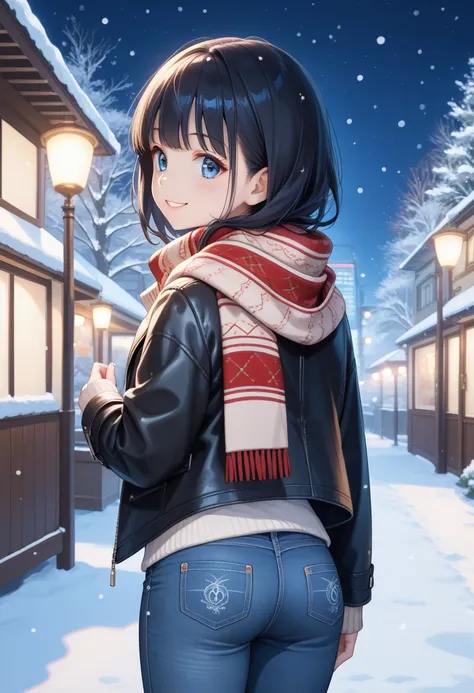  1 girl, smile,  look at the sole, bangs,  black hair,  chest,  black leather jacket, illustration, anime風, anime, Mannerism, 日本の illustrationスタイル, jeans，night,All,winter,Blue scarf, its snowing,I have a small present, blue eyes , College Student ,Rear vie...