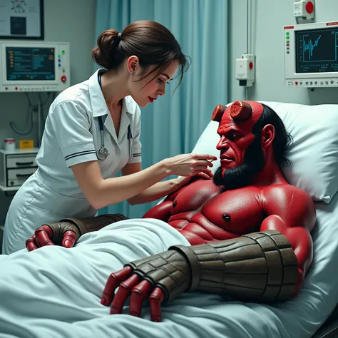 Nurse feeding Hellboy in hospital room 