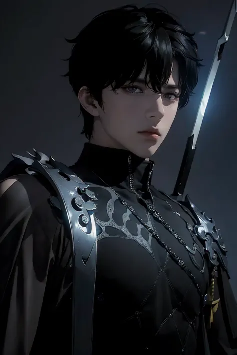 a dark-haired man with deep black eyes, imposing and handsome, sasuke uchiha, wearing a black warrior outfit and a sword at his ...