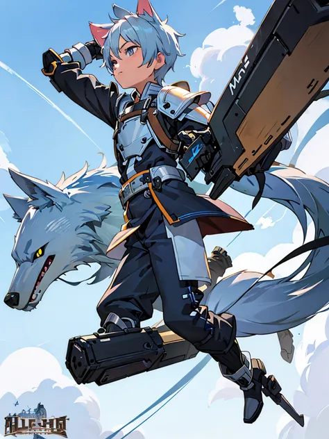 Game CG， 8K quality ，((ONE boy))，Childhood ， anime male protagonist ，Wolf ears，Tail，Handsome Face ，head mounted display， Silver White and Sky Blue Dye，Full Body Mechanical Armor，Mechanical gloves， mechanical combat boots ，Full body portrait， No Background ...