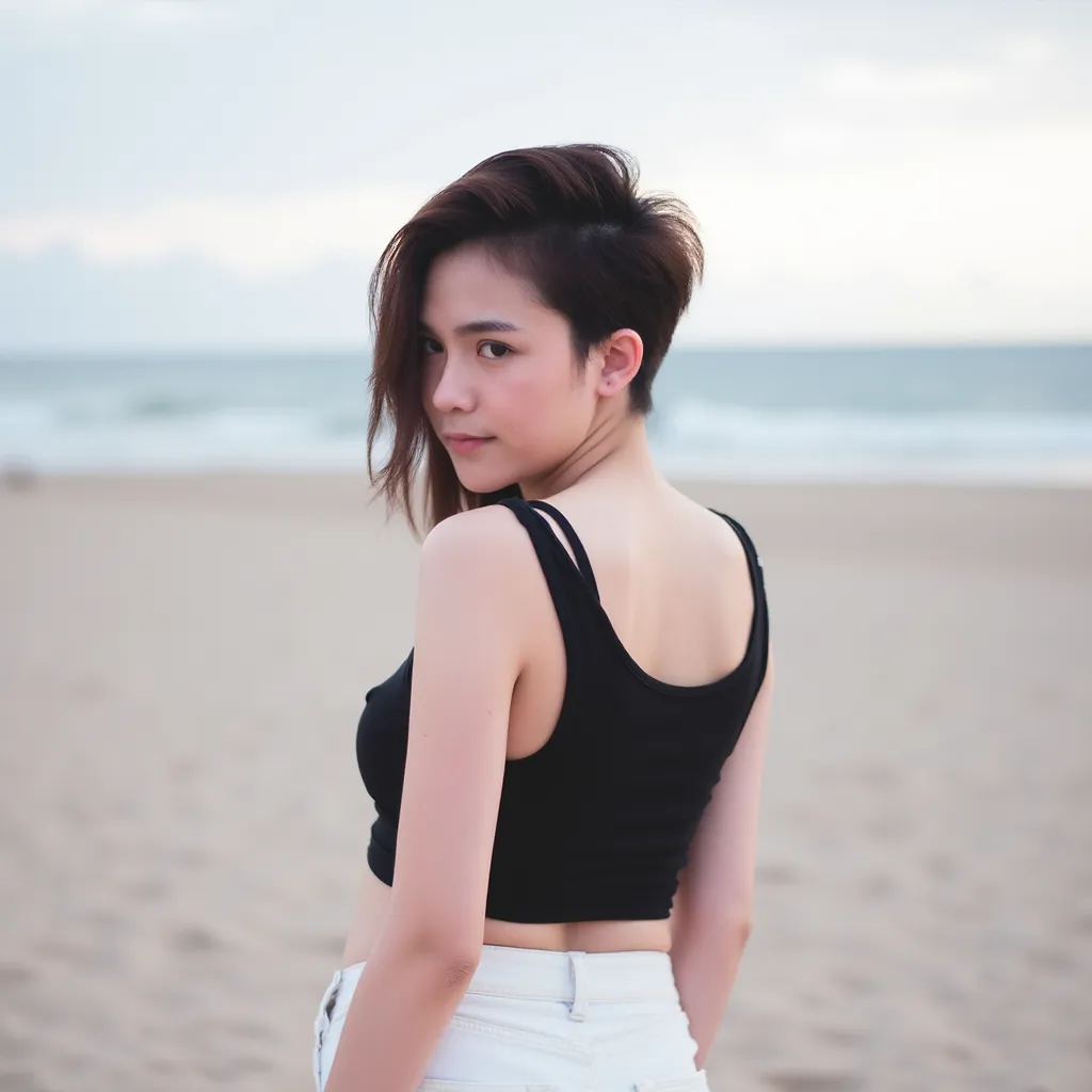 thai teen girl, 18 years old, big sweet eyes, chubby, pixie cut hair, she is happy, her skin is smooth and pinkish, oval face sh...