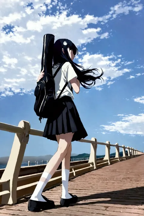 Black hair teen girl standing, camera showing her back. Wearing white socks, Black skirt and and white highschool shirt, with a guitar bag carrying, with a blue sky and bridge she is slightly tilling on