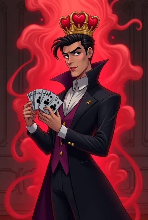 cartoon style handsome men disney villain boy of twenty years old  with vigote dressed like a mix between a mafia boss from the 20s and a king of the victorian era sly look and evil smile holds in his hands a deck of poker cards of hearts from which magica...