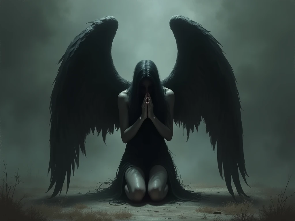 A fallen angel,  artwork, angel with black wings on knees praying 