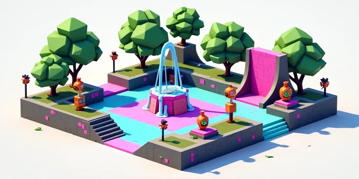 reate a cube-shaped minimundo inspired by the Splatoon universe, based on the Parque Lubina map. The scene should feature a low-poly, blocky version of the park, with polygonal trees, ramps, and platforms, all designed with the stylized, colorful aesthetic...