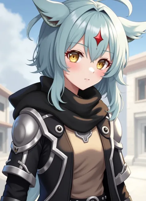 masterpiece,  top quality, ***1 person,  light blue hair, golden eyes, two tails, kawaii, scarf, open black futuristic combat uniform, outside the home, street, Everyday, ruin