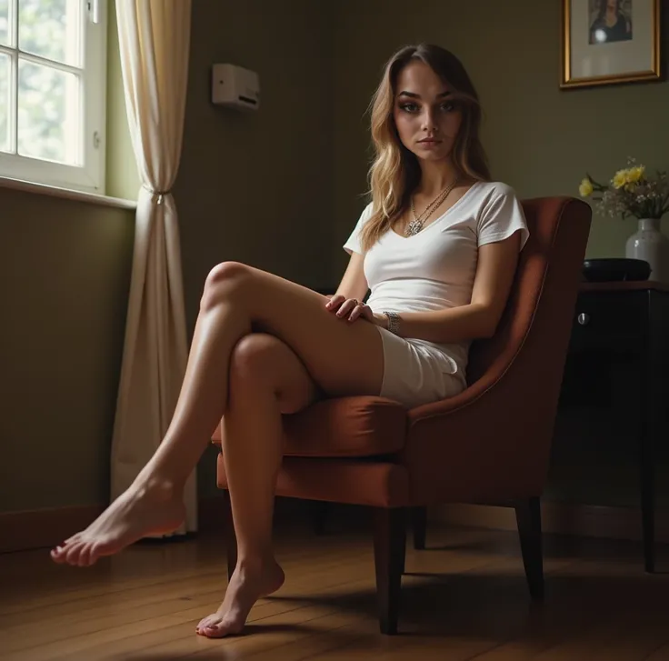 raw, analog, Nikon Z 85mm, (( better quality)) sweat: 1.1, ((masterpiece)), (( Realistic)), Influencer,  long legs, low angle shot,  full-size shot from a low angle,  Wide angle shot , visible leg,  sits on a chair ((legs pointing towards the camera)), pho...