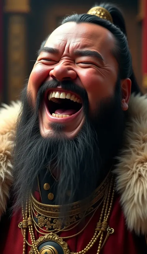 A close-up of Genghis Khan on his throne, his head tilted back with his mouth open in a powerful, booming laugh that exudes confidence and satisfaction. His face is animated, eyes closed and brows slightly raised, as he revels in his own strategic brillian...