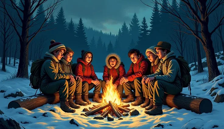 Nine young hikers sitting around a campfire in the snow, dressed in vintage 1950s winter gear. Their faces are lit warmly by the flames, contrasting with the cold, dark wilderness surrounding them. Snow-covered trees rise in the distance under a twilight s...