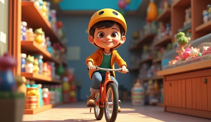  Pixar 3D animation style of a  sitting on a bicycle with a happy look in the middle of a variety store, including toys 