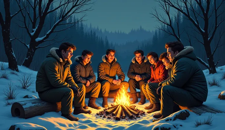 Nine young hikers sitting around a campfire in the snow, dressed in vintage 1950s winter gear. Their faces are lit warmly by the flames, contrasting with the cold, dark wilderness surrounding them. Snow-covered trees rise in the distance under a twilight s...