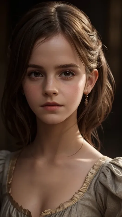 A young girl, Emma Watson, wearing a low-cut medieval peasant dress, beautiful detailed eyes, beautiful detailed lips, extremely detailed eyes and face, long eyelashes, photorealistic, 8K, masterpiece, high quality, fantasy, fairy tale, dramatic lighting, ...