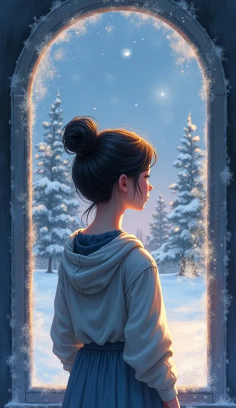 Watercolor-style painting of a woman standing by a window, shown from behind. The woman has her hair in a bun and is bathed in warm light as she gazes at the snowy scenery outside. The window features sparkling frost patterns, and the background depicts a ...