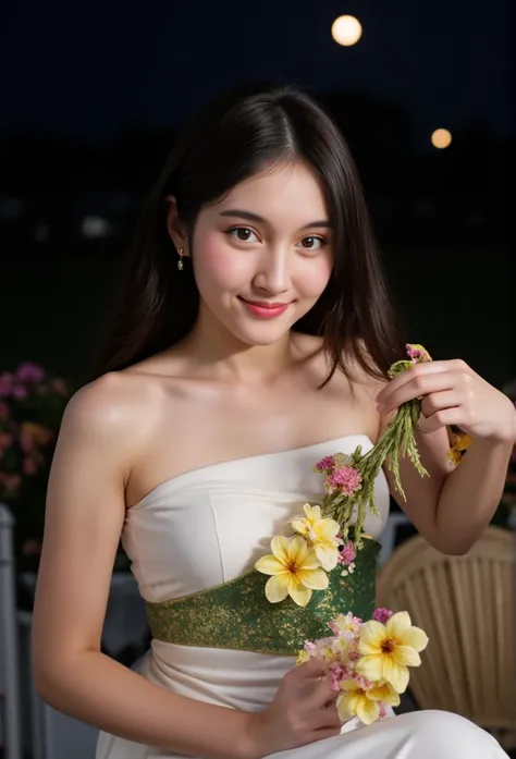 Beautiful Thai girl in Thai dress holding a bangle made of banana tree decorated with flowers, smiling a little, sitting folded, celebration, lighting, night, full moon