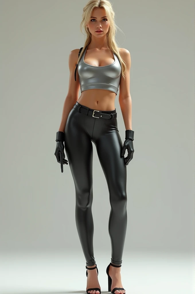 Blonde lara croft,Latex legging, high heel, Silver metallic Shirt, Long legs, no weapon, larger breast, Belt, Pony tail, super realistic, Front view, small ass, Beine m förmig 