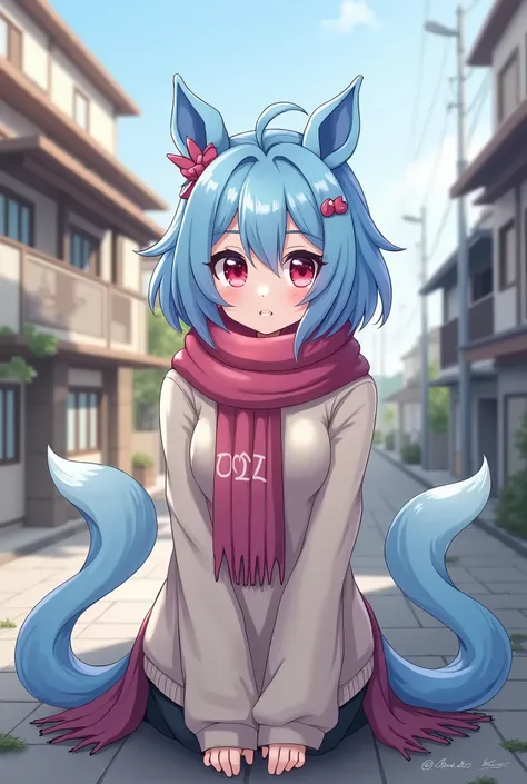 masterpiece,  top quality, ***1 person,  light blue hair,  red eyes, two tails, kawaii, scarf, outside the home, street, Everyday, ruin, pony shaped 