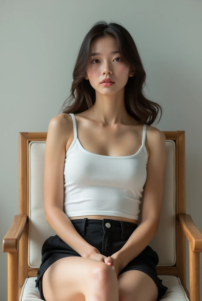 Photo of young woman, in white tank top, black short pants, sitting on chair, photography, high solution, high quality, 8k