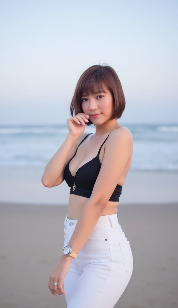 Thai teen girl, 18 years old, big sweet eyes, chubby, pixie cut hair, she is happy, her skin is smooth and pinkish, oval face shape, clearly showing her plump white breasts, portrait, full body, head to toe , big breast, wearing a black bra, white high-cut...