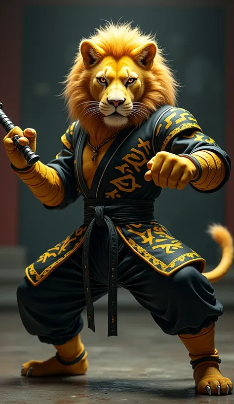 Create an image of a lion wearing taekwondo costume.. Make the costumes details in black and yellow. Make the lion holding a nunchaku 