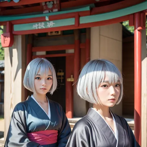  Silver Hair　 girl　 bob cut from the front　kimono　first visit of the year to a shrine　 anime style