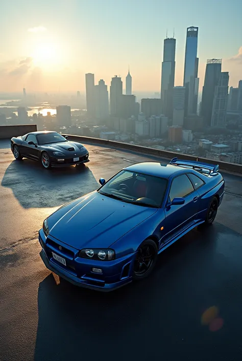 Skyline car r32 blue and Mazda rx7 2011 black color photographed from afar, From above