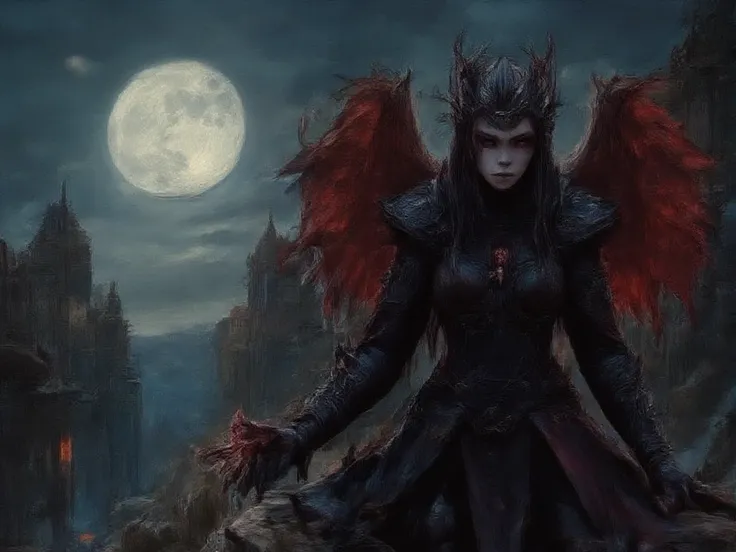 "Create a dark fantasy illustration of a fierce, gothic naked angel woman fullnude, big boobs, with huge wings, crouched on the edge of a stone structure under a full moon. She has large, spread-out red wings that add to her powerful and mysterious appeara...