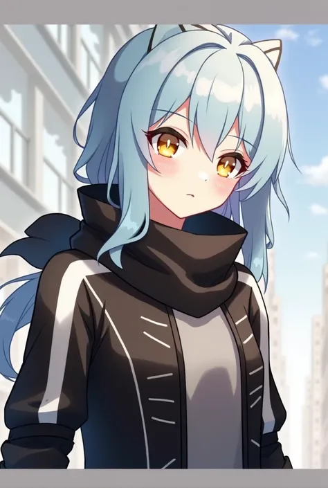 masterpiece,  top quality, ***1 person,  light blue hair, golden eyes, kawaii, scarf, open black futuristic combat uniform, outside the home, street, Everyday, ruin,  my little pony  