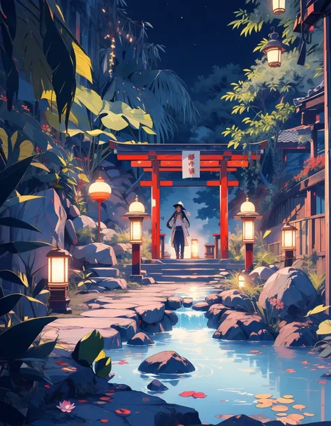 (Beautiful Chinese ancient architecture, Moonlight Sparkle, Lake at night, The shade of the bamboo forest, Stone bridge arch,  Gobbling Water, Stone pavement in rock garden, Blooming lotus, Hot spring steam, Auspicious Moonlight Illustration : 1.0), Epic C...