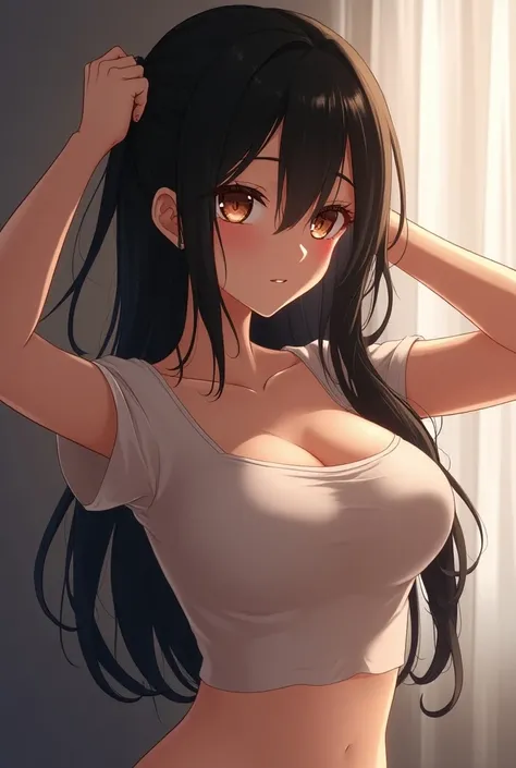 a character from anime,wearing a transparent t-shirt , your large breasts showing  ,  while you tidy your hair , the light highlights your eyes and your long black hair