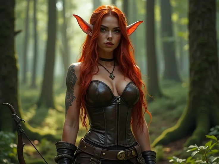 Muscular, beautiful, Elf, Leather corset, Leather pants, Tattoo, Long red hair with copper highlights, Brown eyes, red/black makeup eyes, Freckles, red lipstick, tanned skin, rounded medium breasts, Muscular belly, cinematic lighting, Elf guard, sword, bow...